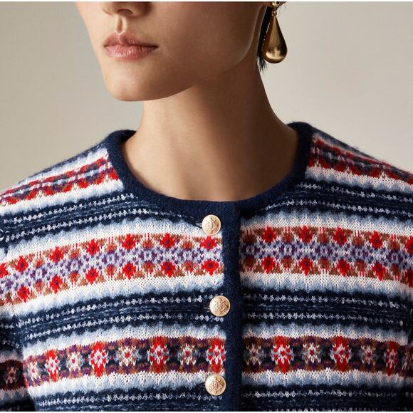 J.Crew Fair Isle Lady Jacket Boiled Wool Blend Gold Buttons Preppy Navy M NWT - Picture 3 of 15